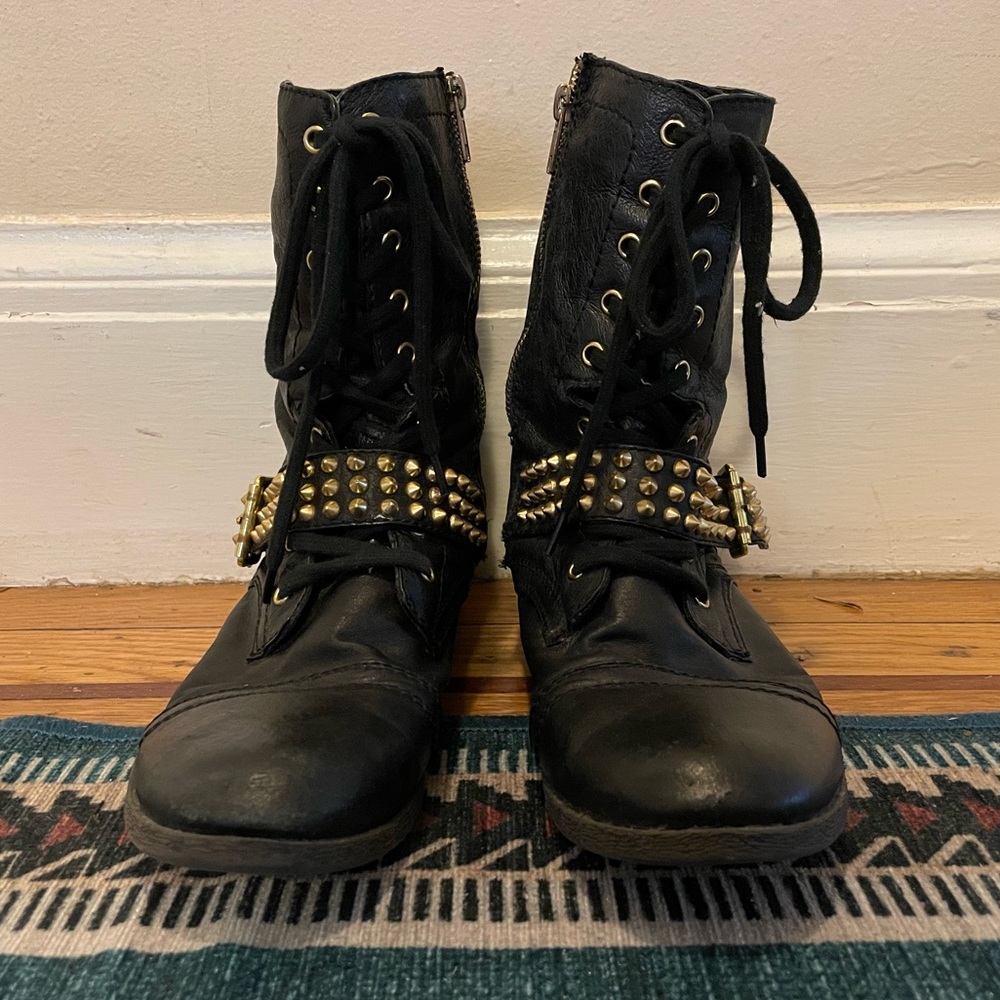 Black Leather, Gold Studded Punk Boots (Steve Madden)